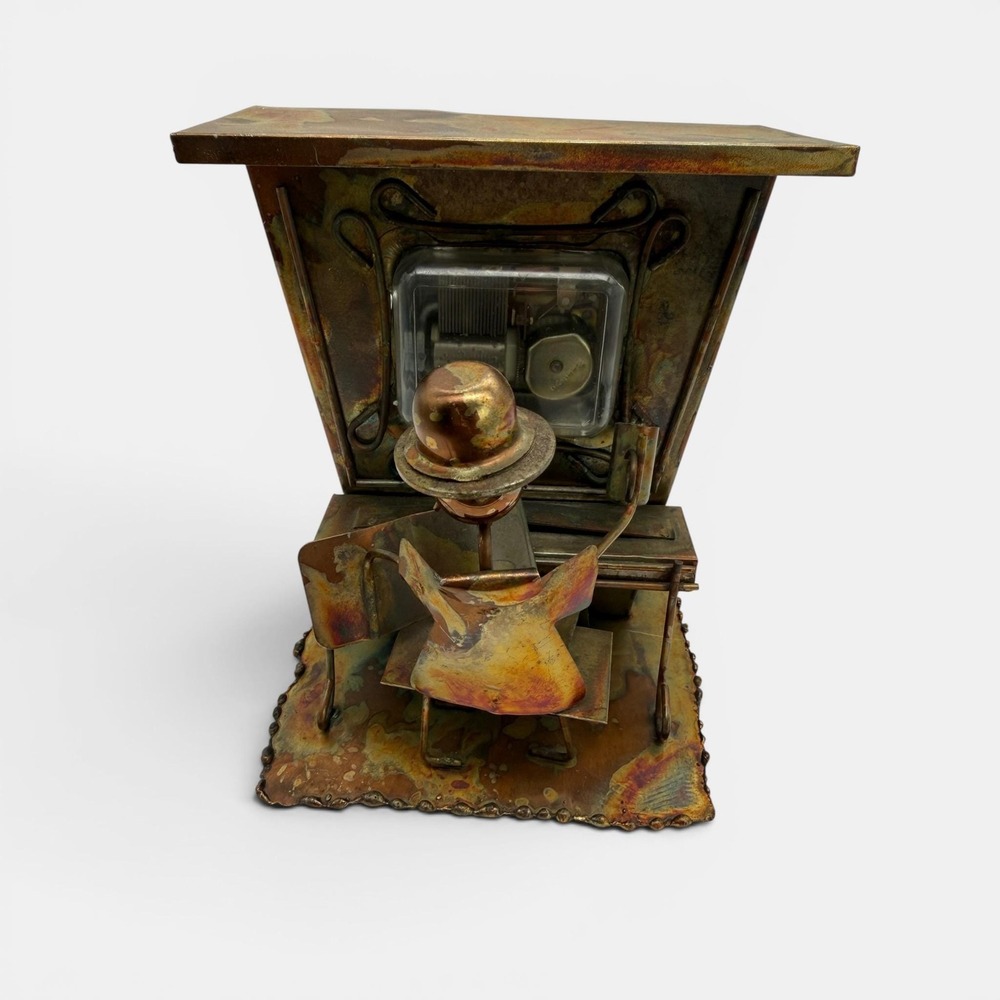 Vintage 1970s Copper & Tin Piano Man Music Box - Steampunk Saloon Bar Metal Art